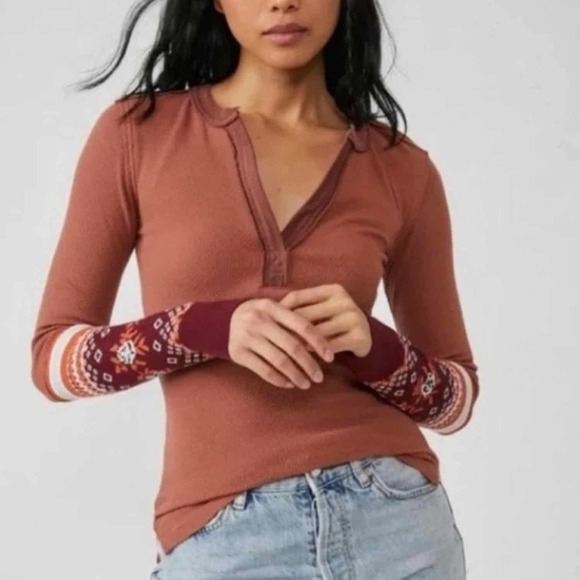 Free People Mikah Layering Cuff Waffle Knit Top Size XS Autumn Combo - Picture 1 of 7